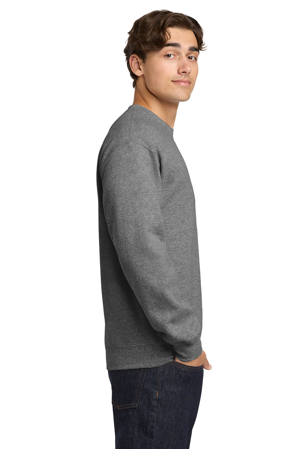 Gildan 18000/G180 Mens Pill Resistant Fleece Crewneck Sweatshirt Heather Graphite Grey Model Side