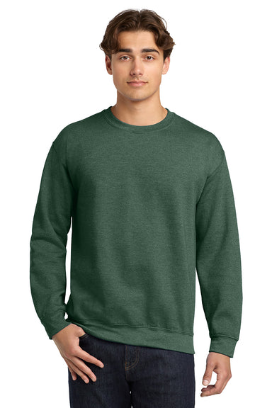 Gildan 18000/G180 Mens Pill Resistant Fleece Crewneck Sweatshirt Heather Dark Green Model Front