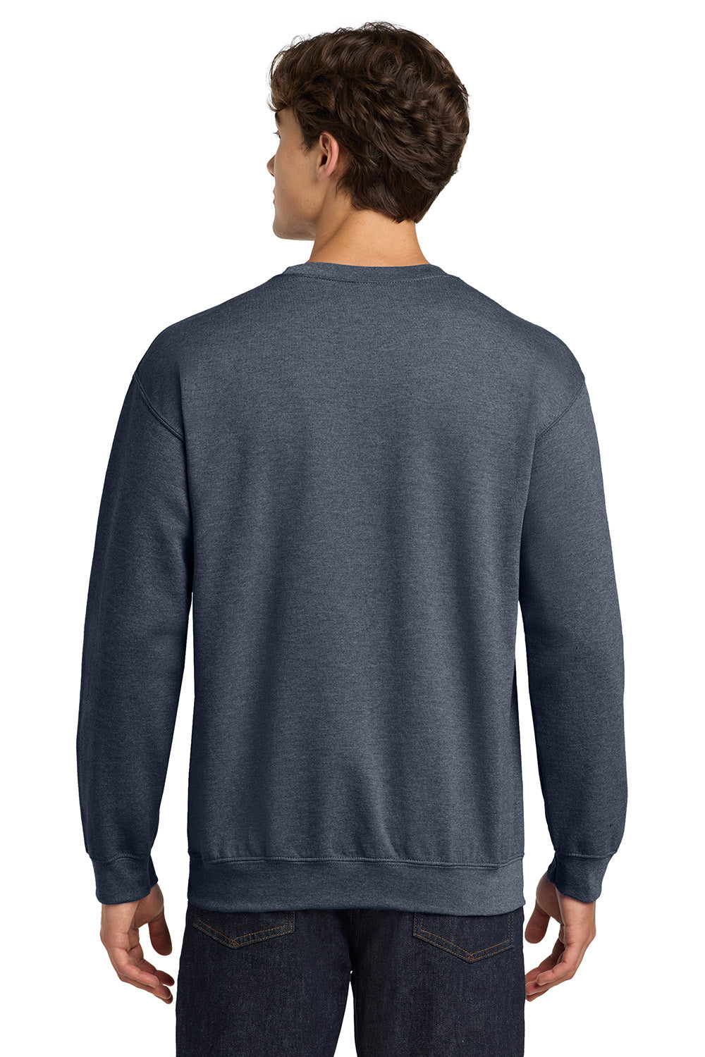 Gildan 18000/G180 Mens Pill Resistant Fleece Crewneck Sweatshirt Heather Dark Navy Blue Model Back