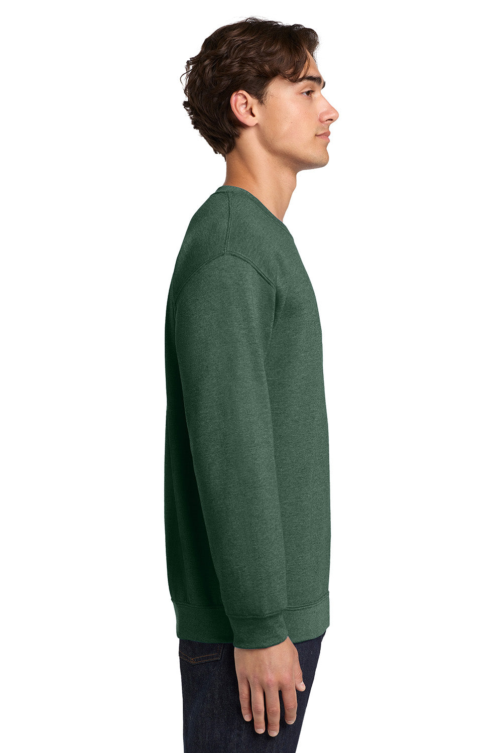 Gildan 18000/G180 Mens Pill Resistant Fleece Crewneck Sweatshirt Heather Dark Green Model Side