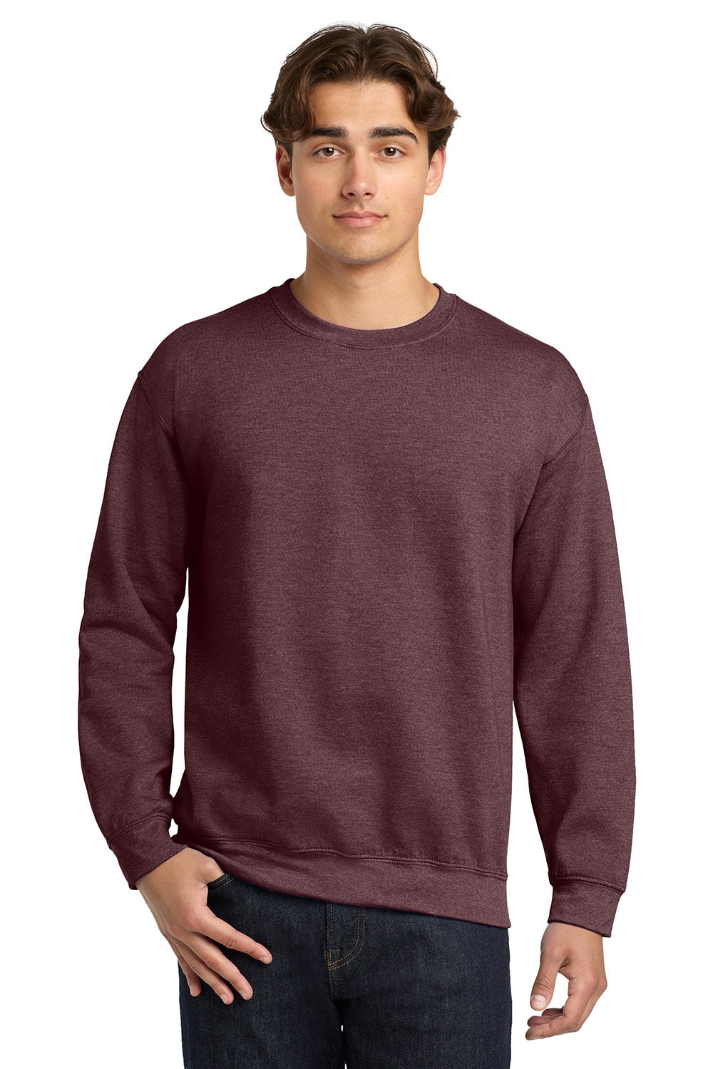 Gildan 18000/G180 Mens Pill Resistant Fleece Crewneck Sweatshirt Heather Dark Maroon Model Front