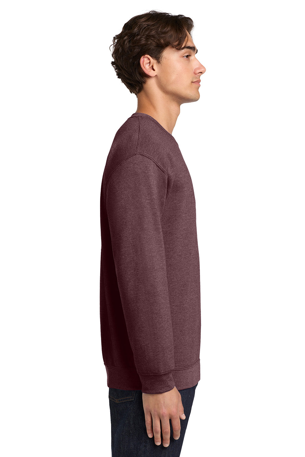 Gildan 18000/G180 Mens Pill Resistant Fleece Crewneck Sweatshirt Heather Dark Maroon Model Side