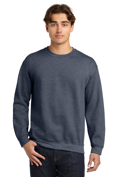 Gildan 18000/G180 Mens Pill Resistant Fleece Crewneck Sweatshirt Heather Dark Navy Blue Model Front