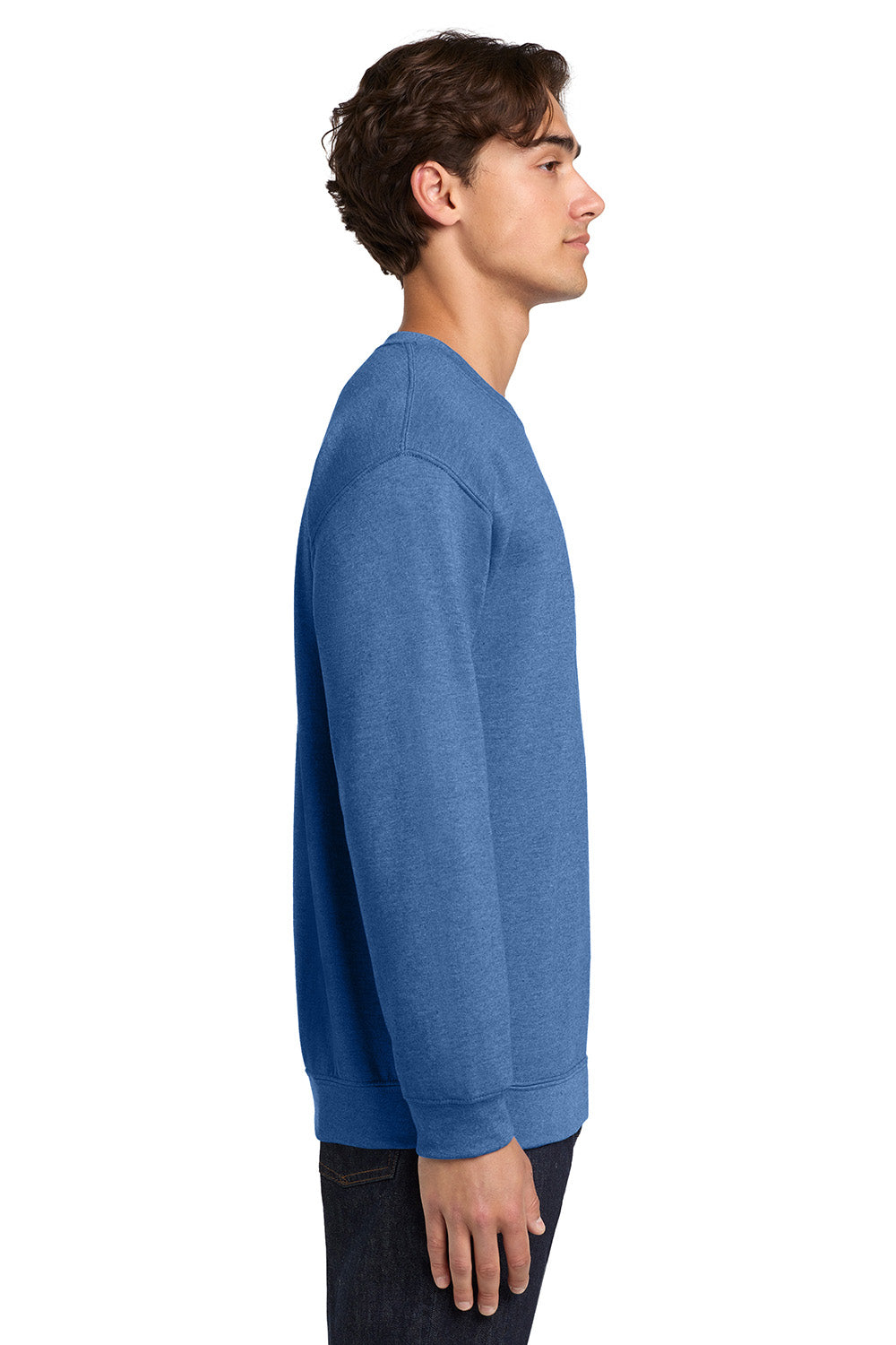 Gildan 18000/G180 Mens Pill Resistant Fleece Crewneck Sweatshirt Heather Royal Blue Model Side