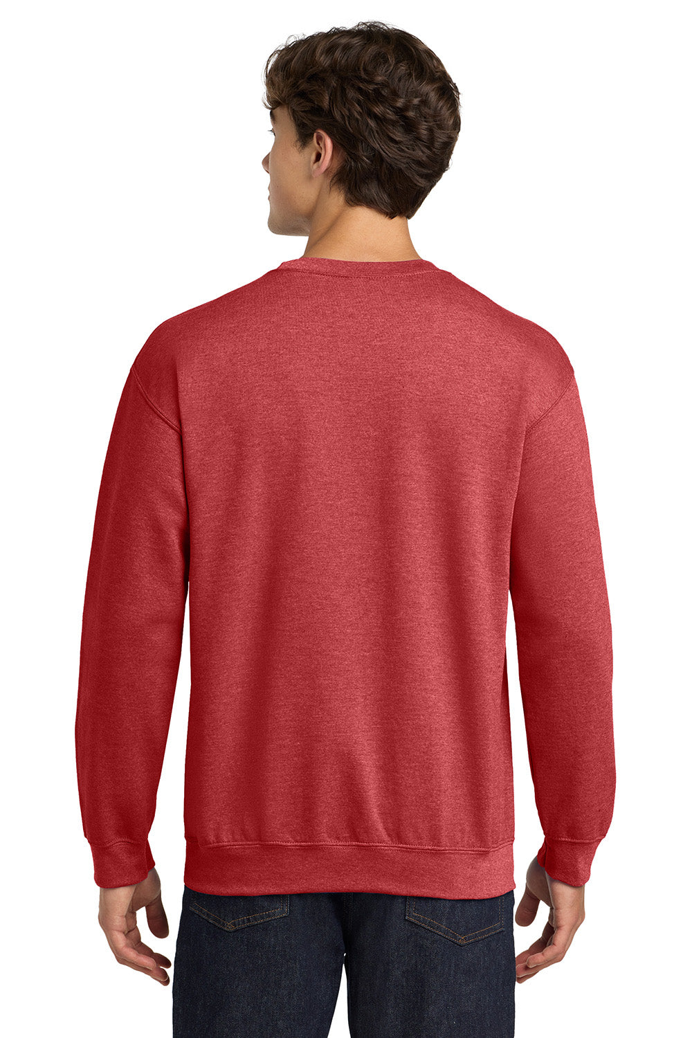 Gildan 18000/G180 Mens Pill Resistant Fleece Crewneck Sweatshirt Heather Scarlet Red Model Back