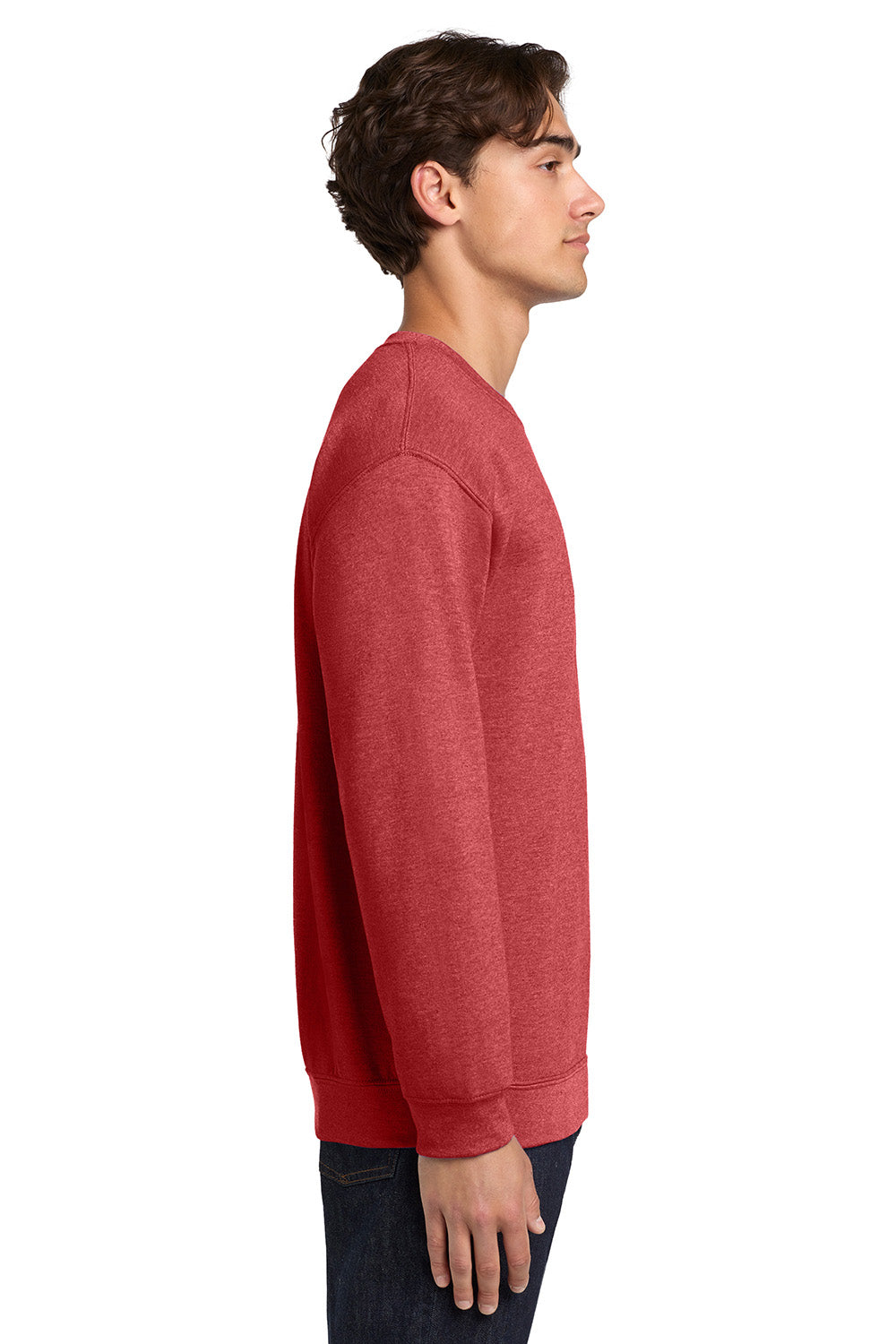 Gildan 18000/G180 Mens Pill Resistant Fleece Crewneck Sweatshirt Heather Scarlet Red Model Side