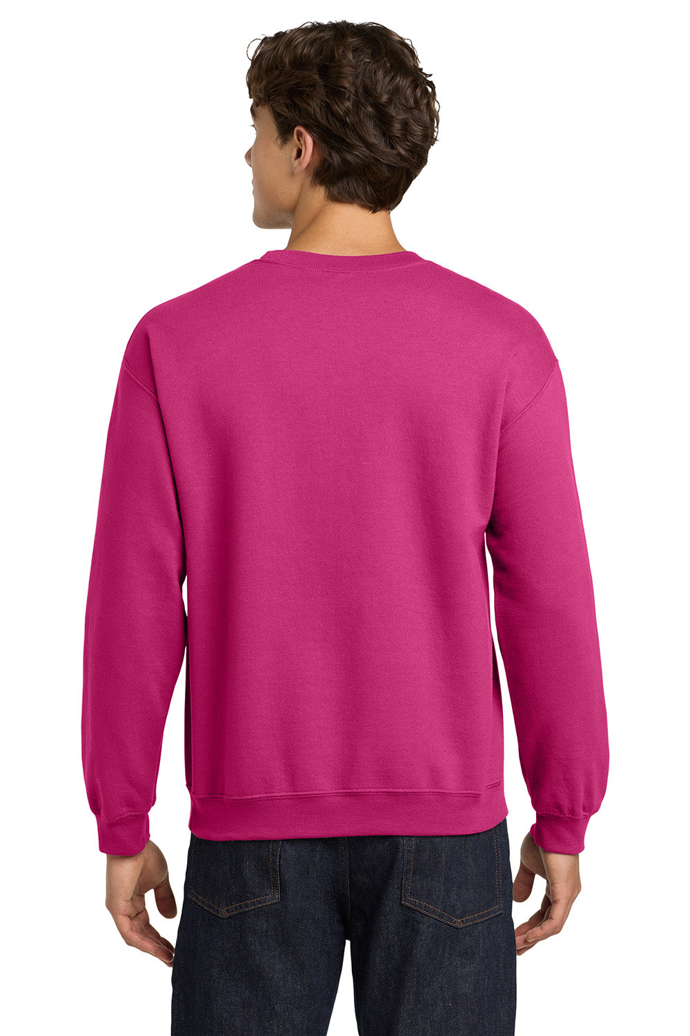 Gildan 18000/G180 Mens Pill Resistant Fleece Crewneck Sweatshirt Heliconia Pink Model Back