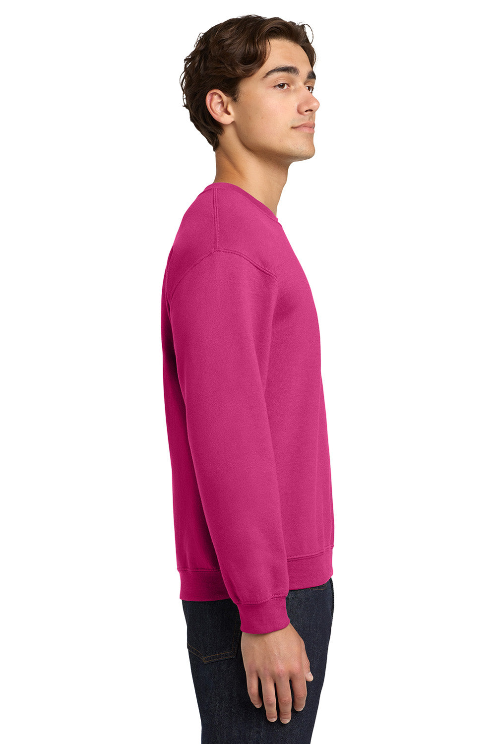 Gildan 18000/G180 Mens Pill Resistant Fleece Crewneck Sweatshirt Heliconia Pink Model Side