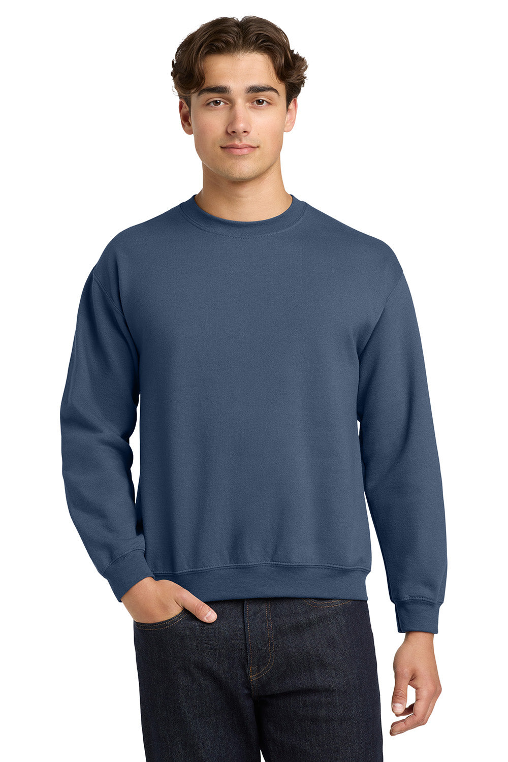 Gildan 18000/G180 Mens Pill Resistant Fleece Crewneck Sweatshirt Indigo Blue Model Front