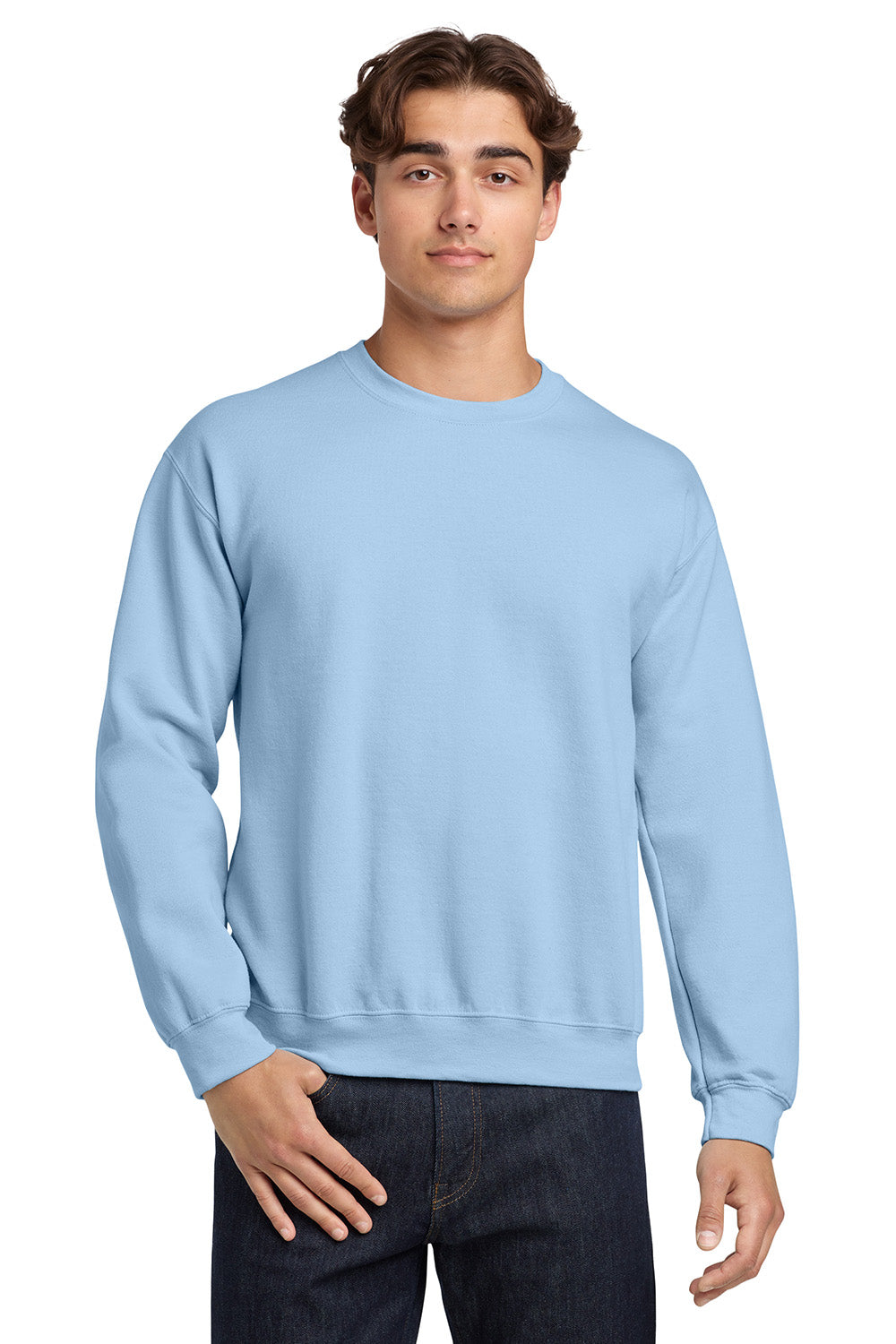 Gildan 18000/G180 Mens Pill Resistant Fleece Crewneck Sweatshirt Light Blue Model Front