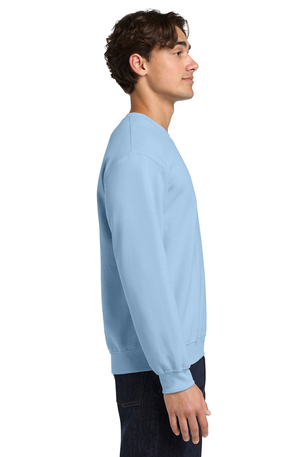 Gildan 18000/G180 Mens Pill Resistant Fleece Crewneck Sweatshirt Light Blue Model Side