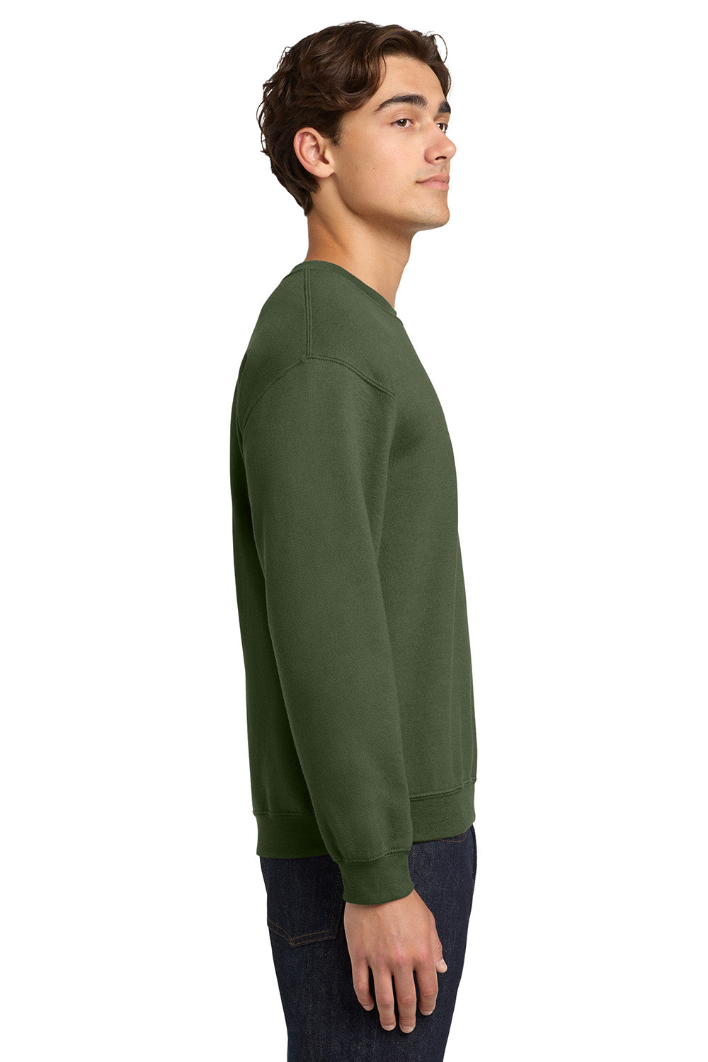 Gildan 18000/G180 Mens Pill Resistant Fleece Crewneck Sweatshirt Military Green Model Side