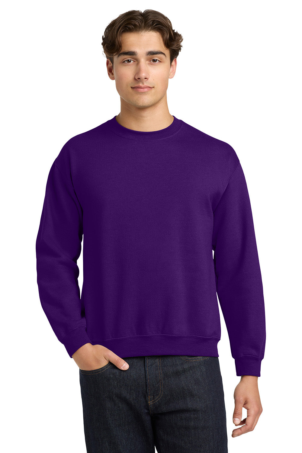 Gildan 18000/G180 Mens Pill Resistant Fleece Crewneck Sweatshirt Purple Model Front