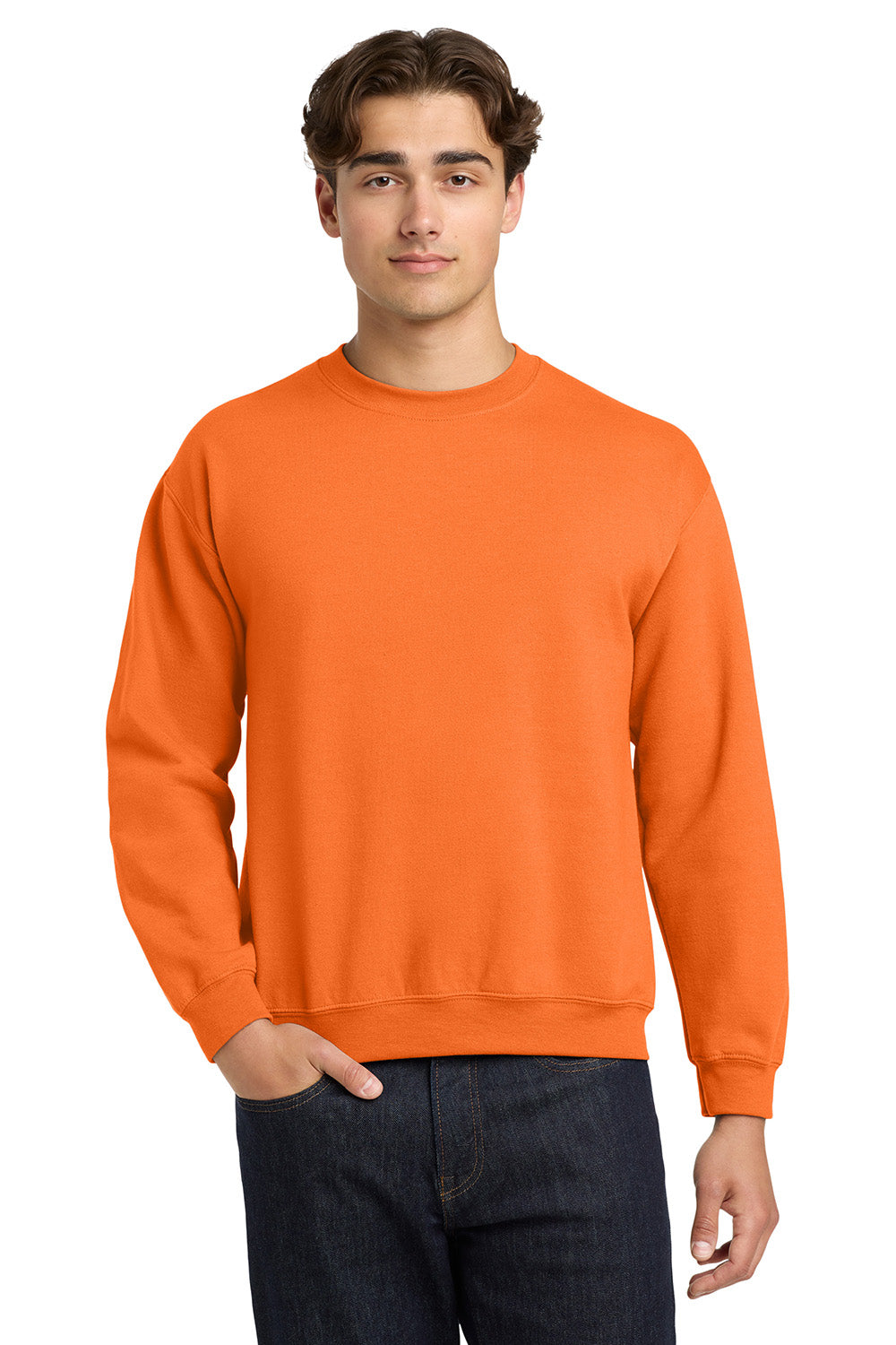 Gildan 18000/G180 Mens Pill Resistant Fleece Crewneck Sweatshirt Safety Orange Model Front