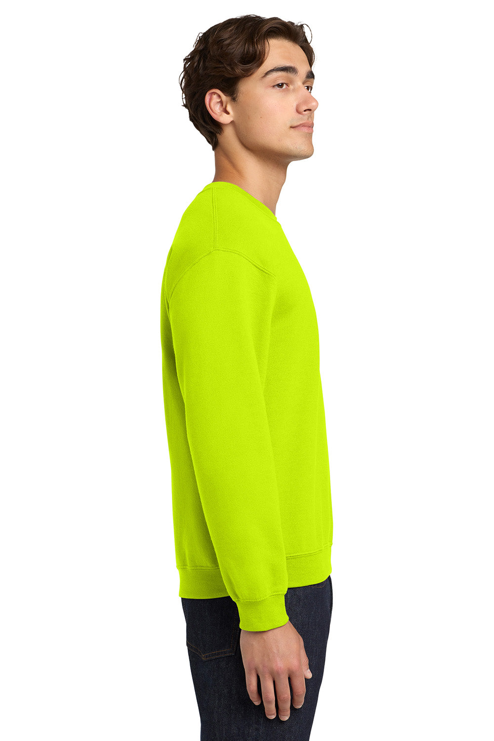 Gildan 18000/G180 Mens Pill Resistant Fleece Crewneck Sweatshirt Safety Green Model Side