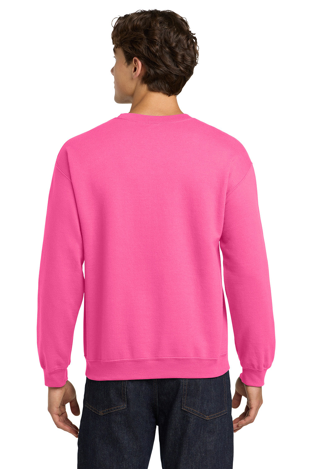 Gildan 18000/G180 Mens Pill Resistant Fleece Crewneck Sweatshirt Safety Pink Model Back