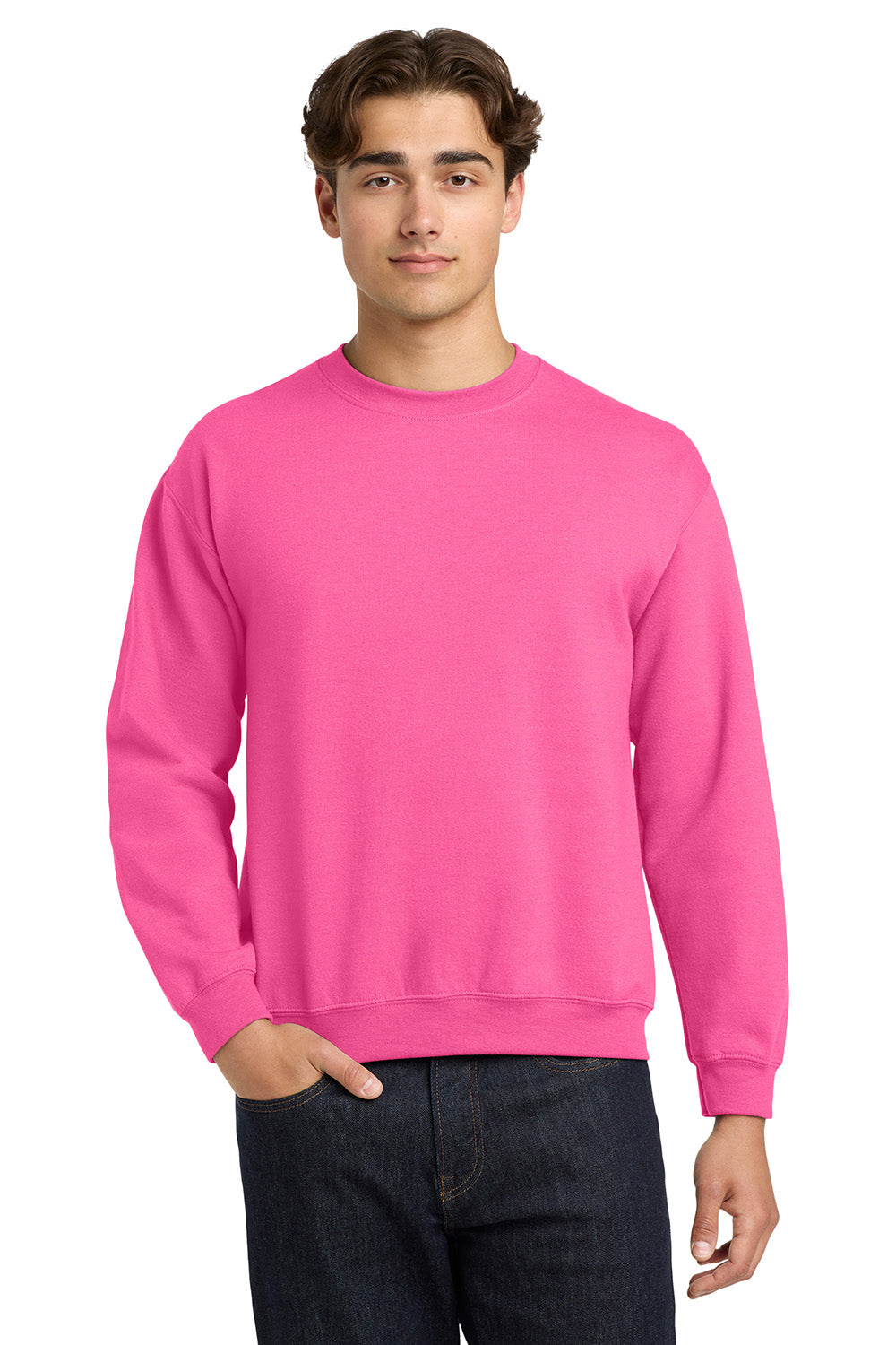 Gildan 18000/G180 Mens Pill Resistant Fleece Crewneck Sweatshirt Safety Pink Model Front