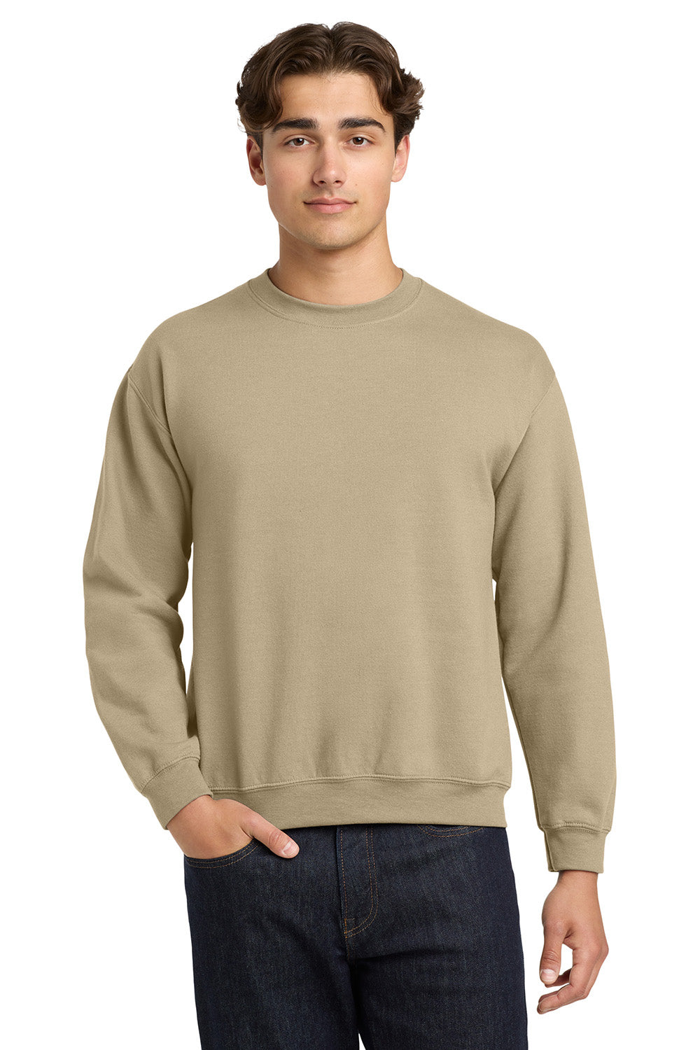 Gildan 18000/G180 Mens Pill Resistant Fleece Crewneck Sweatshirt Sand Model Front