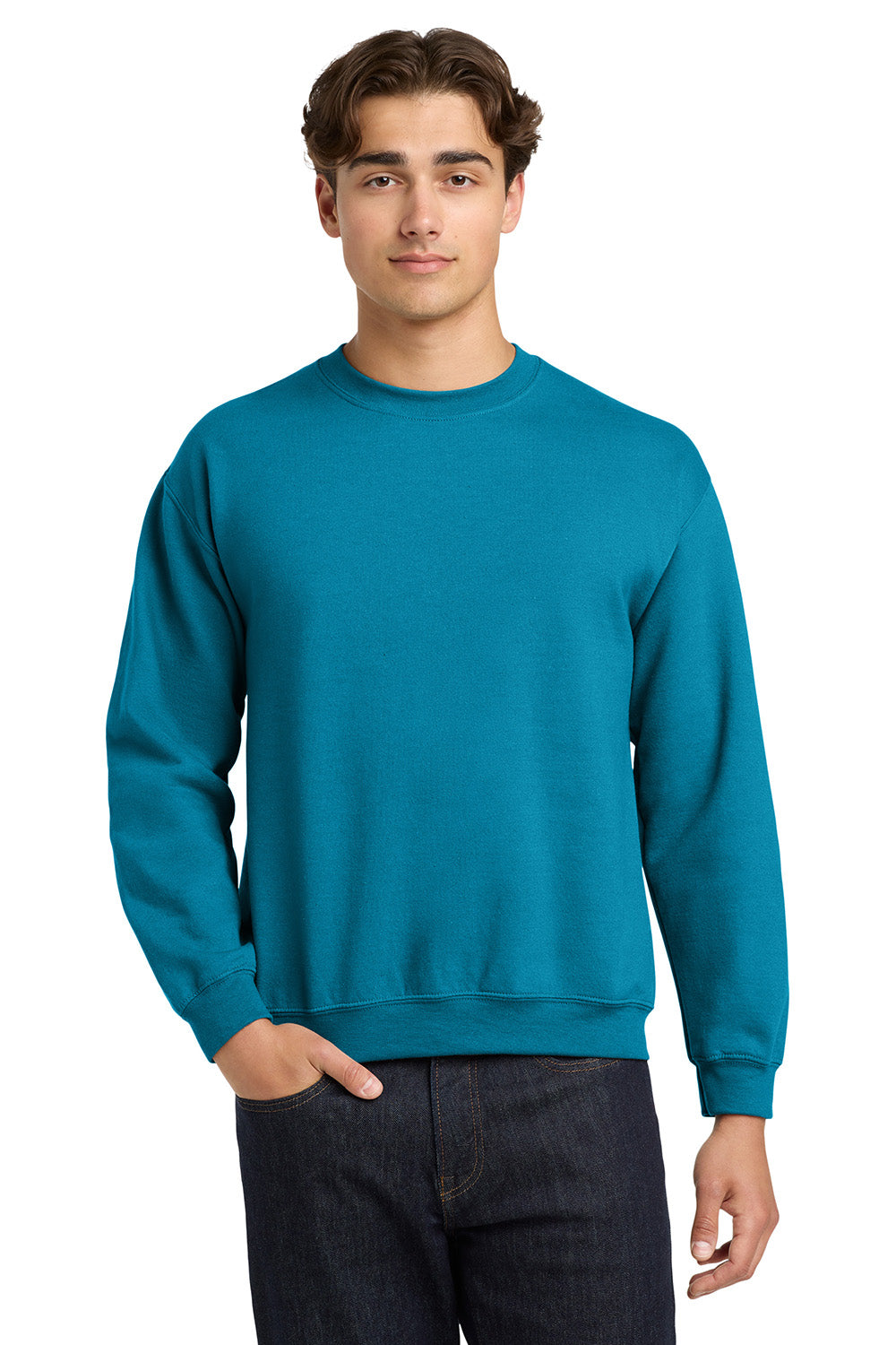 Gildan 18000/G180 Mens Pill Resistant Fleece Crewneck Sweatshirt Sapphire Blue Model Front