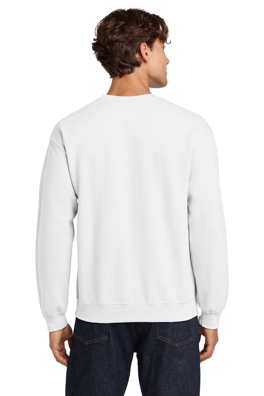 Gildan 18000/G180 Mens Pill Resistant Fleece Crewneck Sweatshirt White Model Back