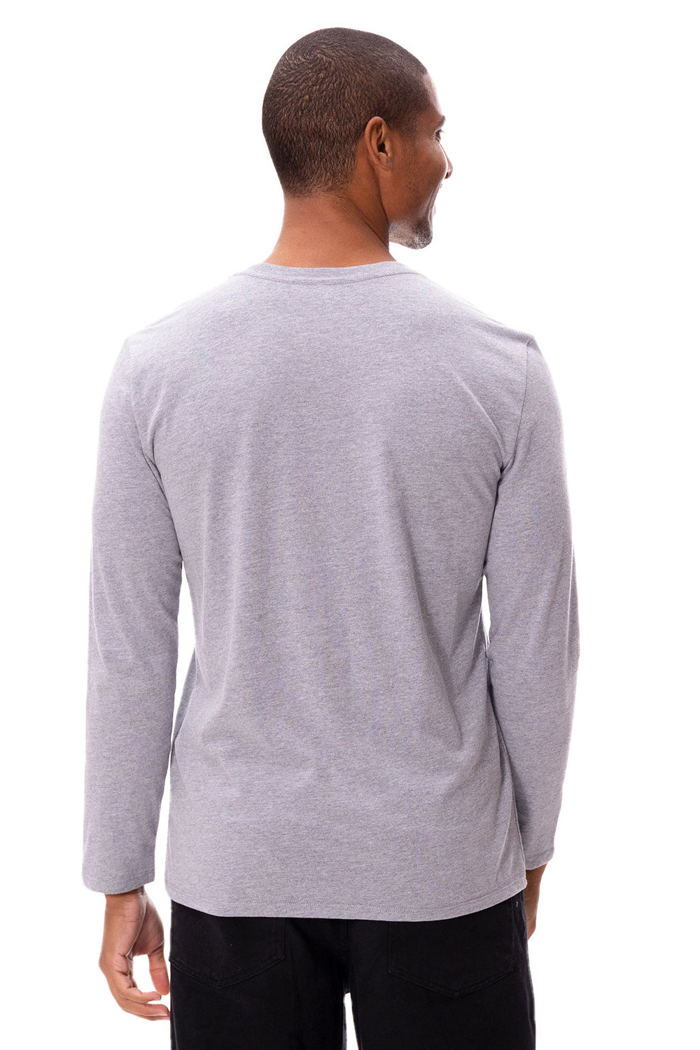 Threadfast Apparel 180LS Mens Ultimate Long Sleeve Crewneck T-Shirt Heather Grey Model Back