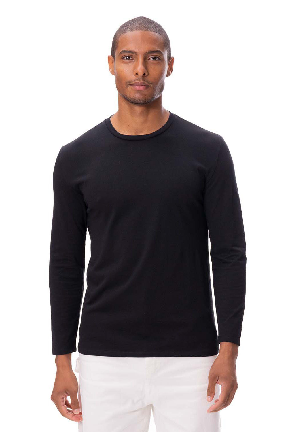 Threadfast Apparel 180LS Mens Ultimate Long Sleeve Crewneck T-Shirt Black Model Front