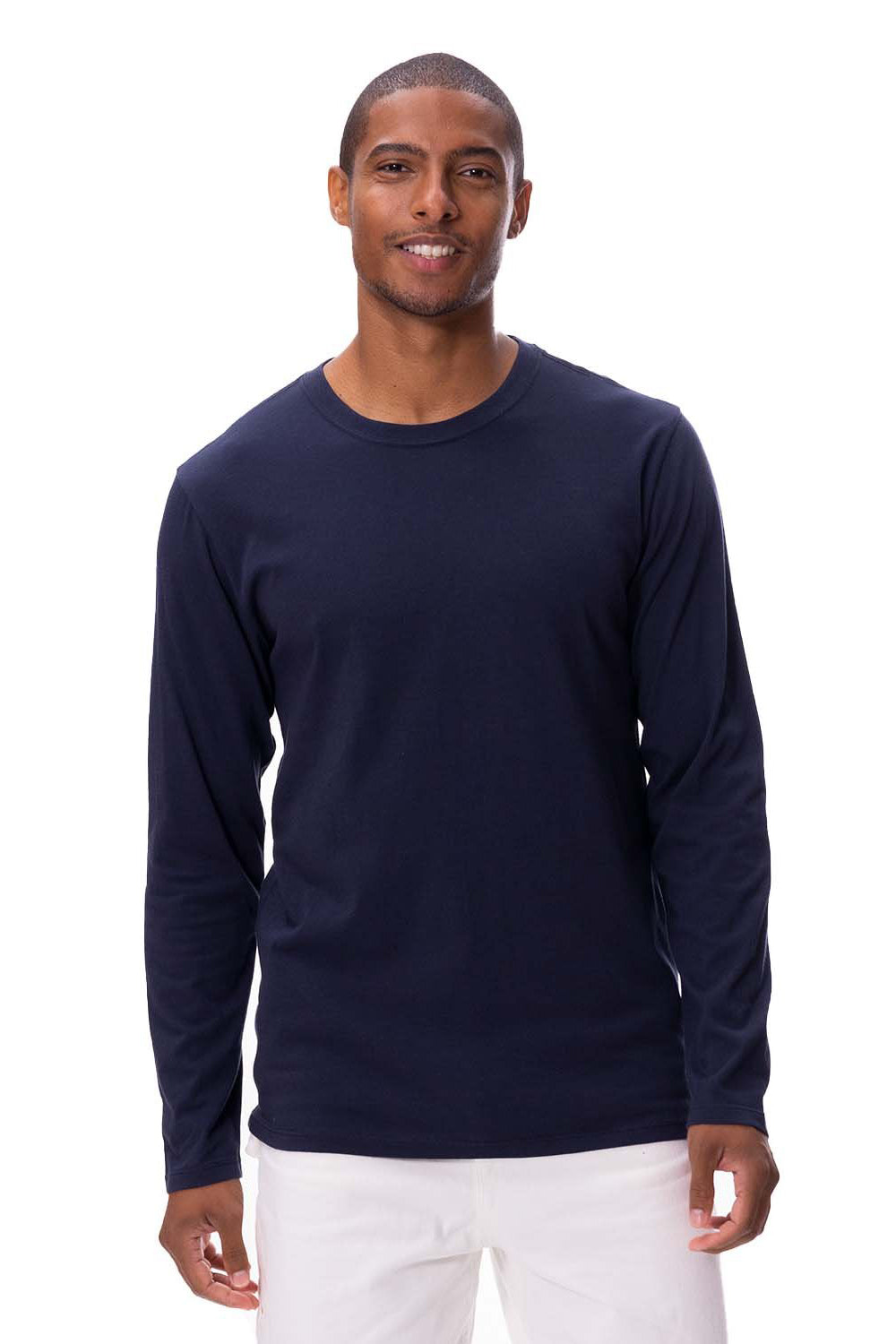 Threadfast Apparel 180LS Mens Ultimate Long Sleeve Crewneck T-Shirt Midnight Navy Blue Model Front