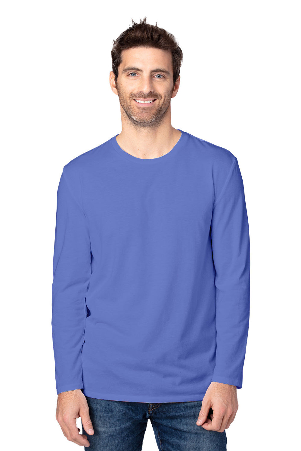 Threadfast Apparel 180LS Mens Ultimate Long Sleeve Crewneck T-Shirt Denim Blue Model Front