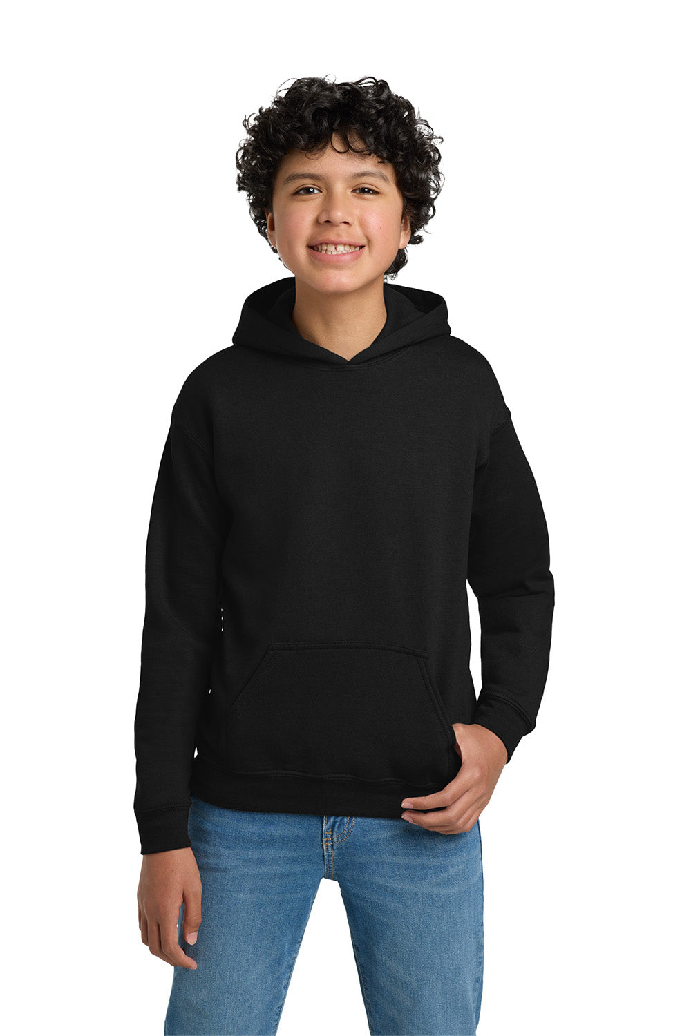 Gildan 18500B/G185B Youth Pill Resistant Hooded Sweatshirt Hoodie w/ Pouch Pocket Black Model Front