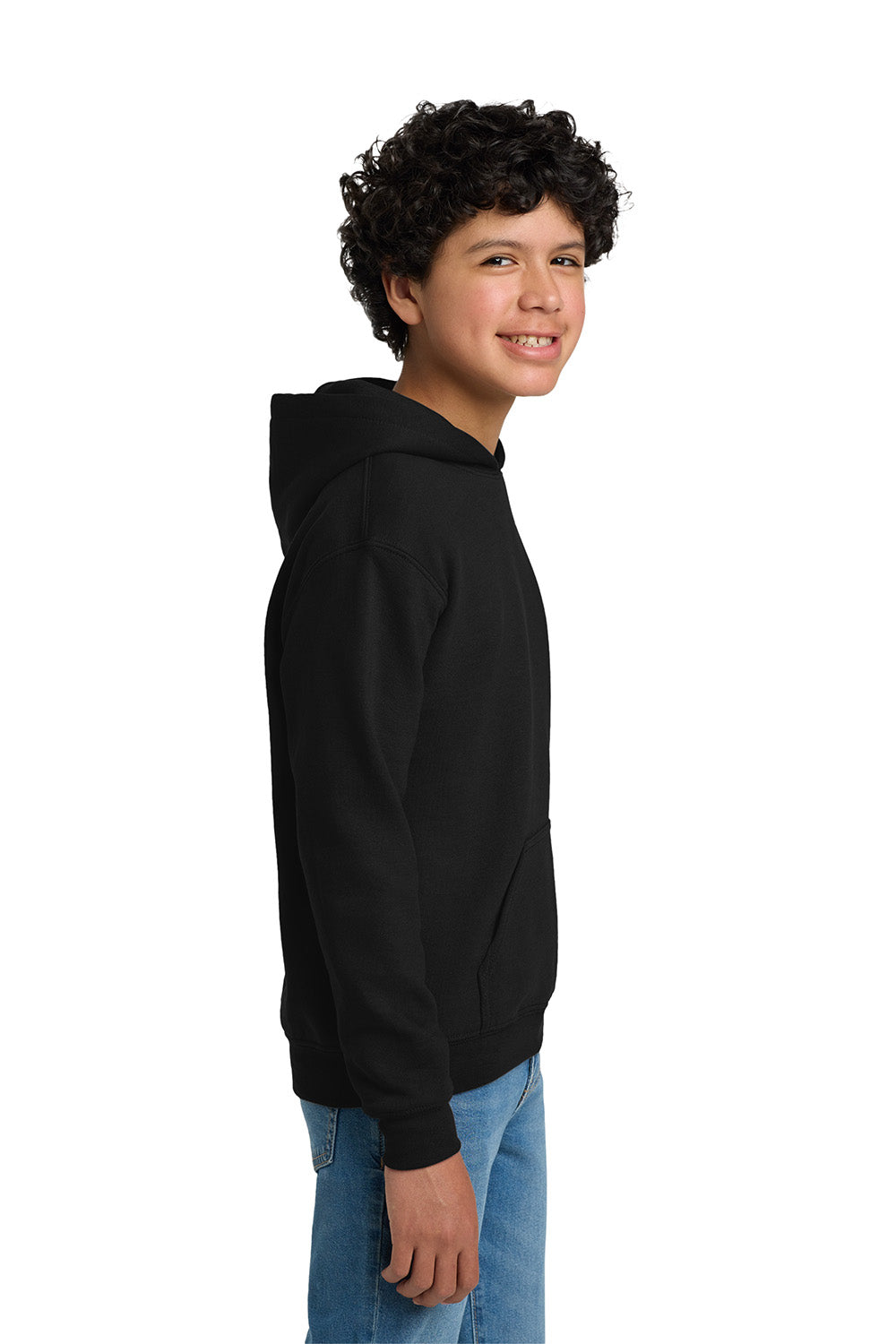 Gildan 18500B/G185B Youth Pill Resistant Hooded Sweatshirt Hoodie w/ Pouch Pocket Black Model Side