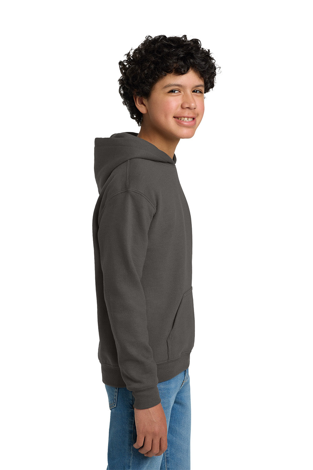 Gildan 18500B/G185B Youth Pill Resistant Hooded Sweatshirt Hoodie w/ Pouch Pocket Charcoal Grey Model Side