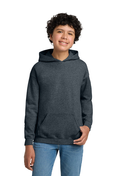 Gildan 18500B/G185B Youth Pill Resistant Hooded Sweatshirt Hoodie w/ Pouch Pocket Heather Dark Grey Model Front