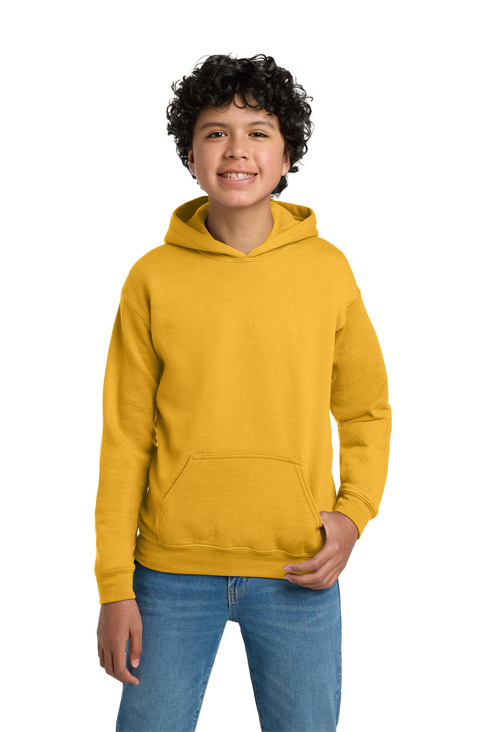 Gildan 18500B/G185B Youth Pill Resistant Hooded Sweatshirt Hoodie w/ Pouch Pocket Gold Model Front