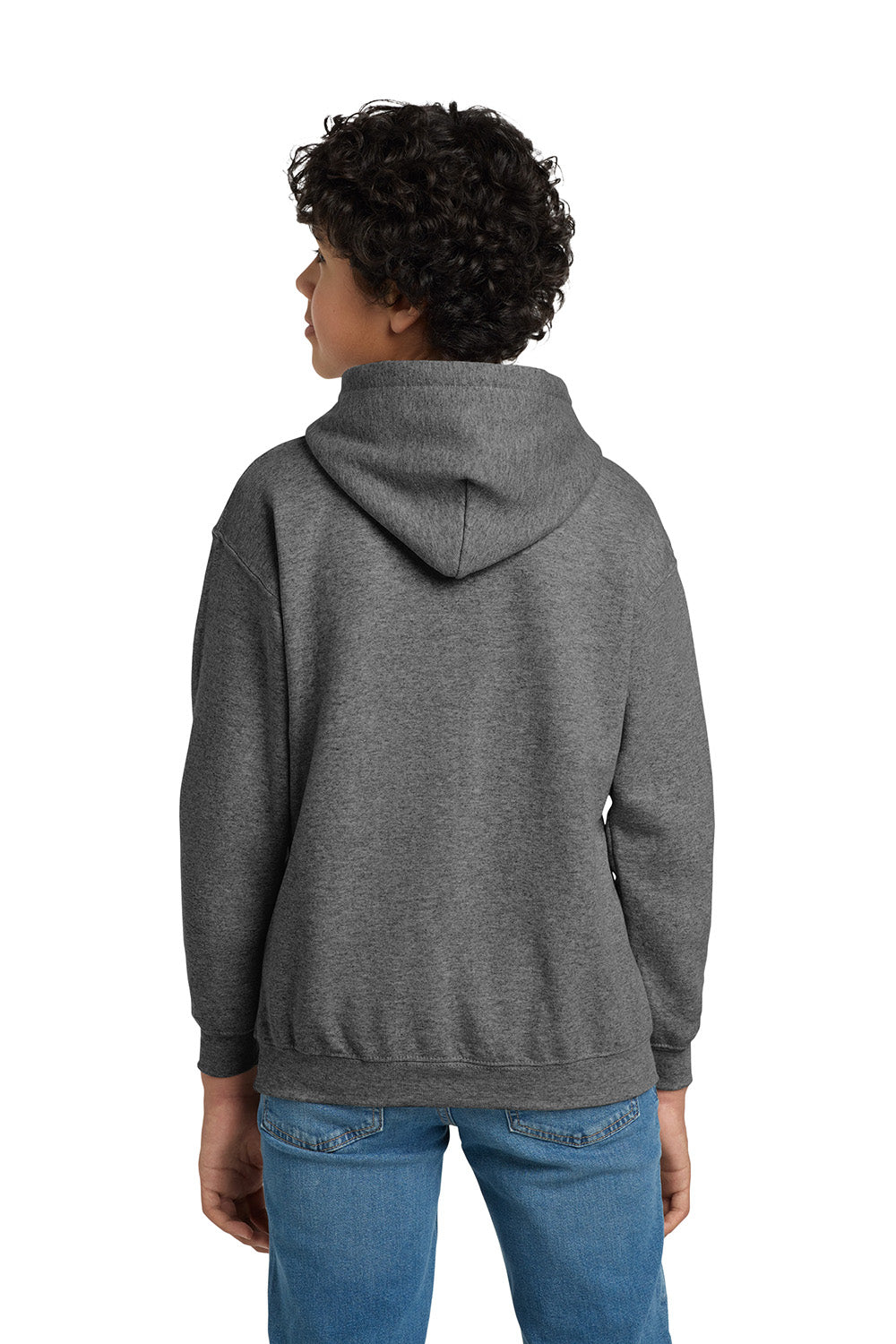 Gildan 18500B/G185B Youth Pill Resistant Hooded Sweatshirt Hoodie w/ Pouch Pocket Heather Graphite Grey Model Back