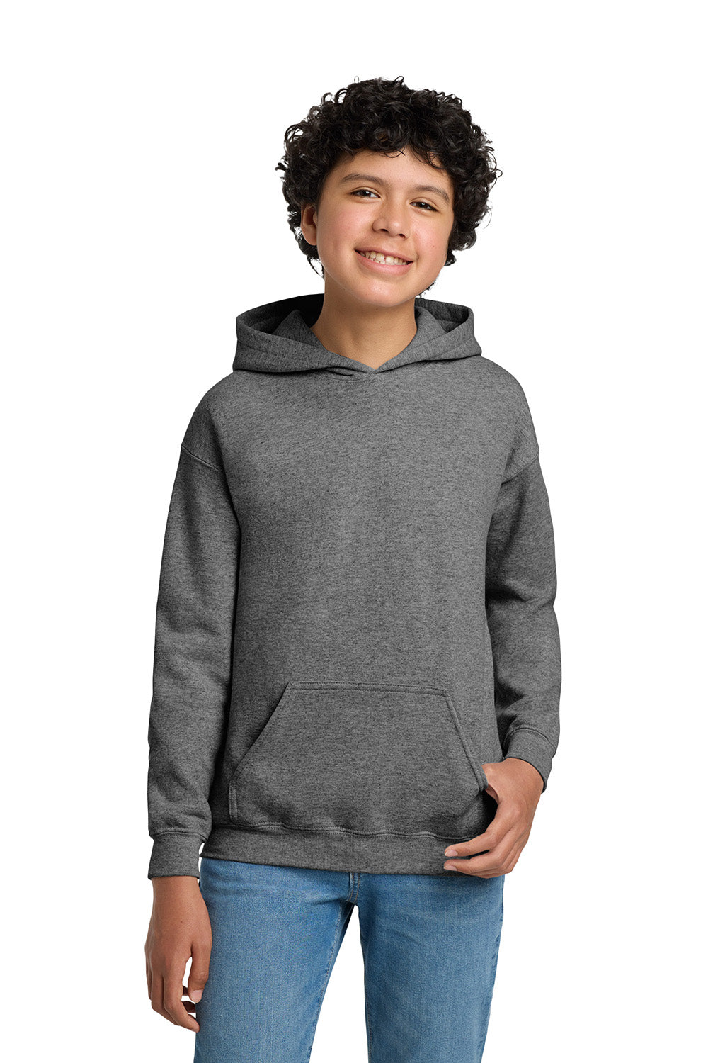 Gildan 18500B/G185B Youth Pill Resistant Hooded Sweatshirt Hoodie w/ Pouch Pocket Heather Graphite Grey Model Front