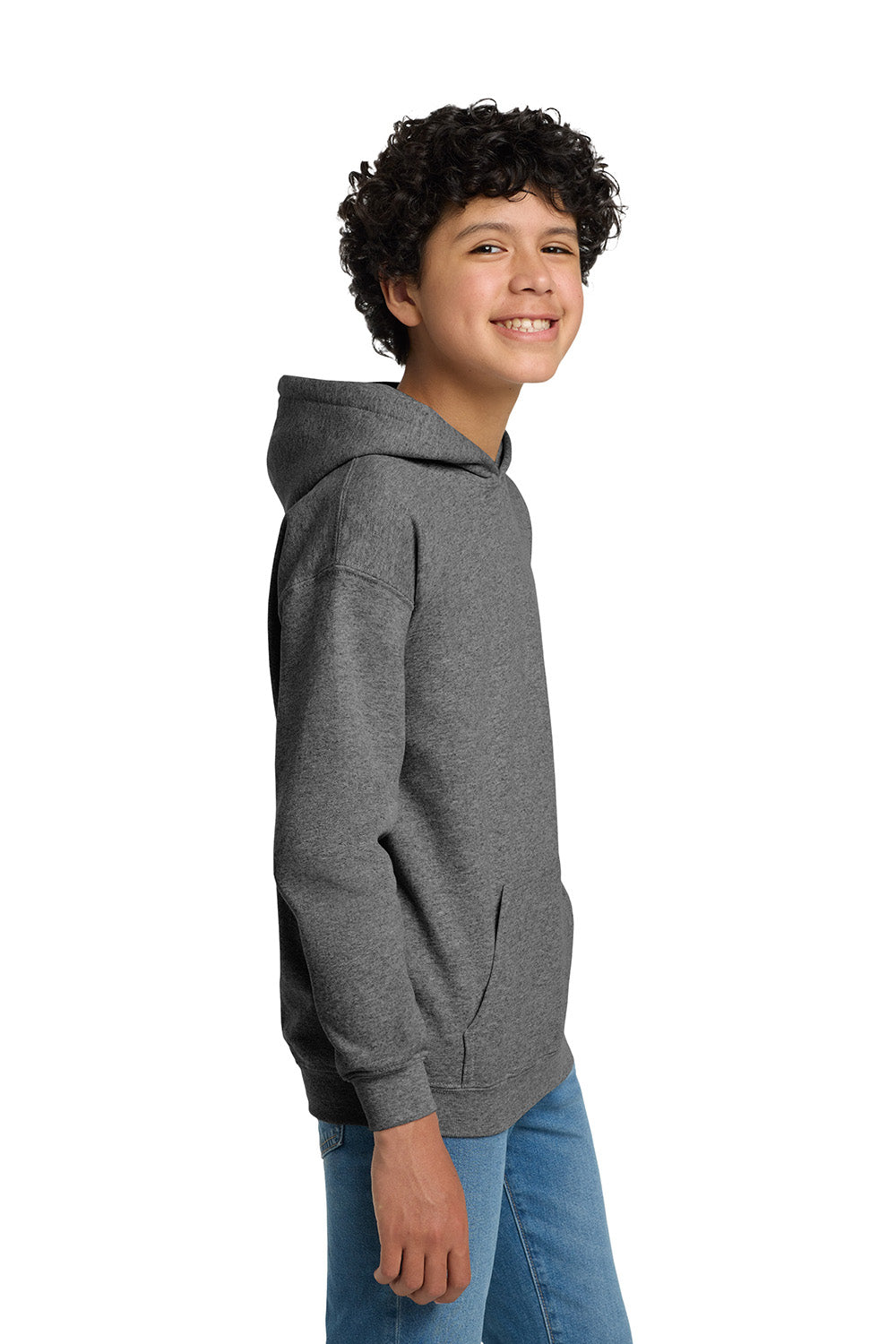 Gildan 18500B/G185B Youth Pill Resistant Hooded Sweatshirt Hoodie w/ Pouch Pocket Heather Graphite Grey Model Side