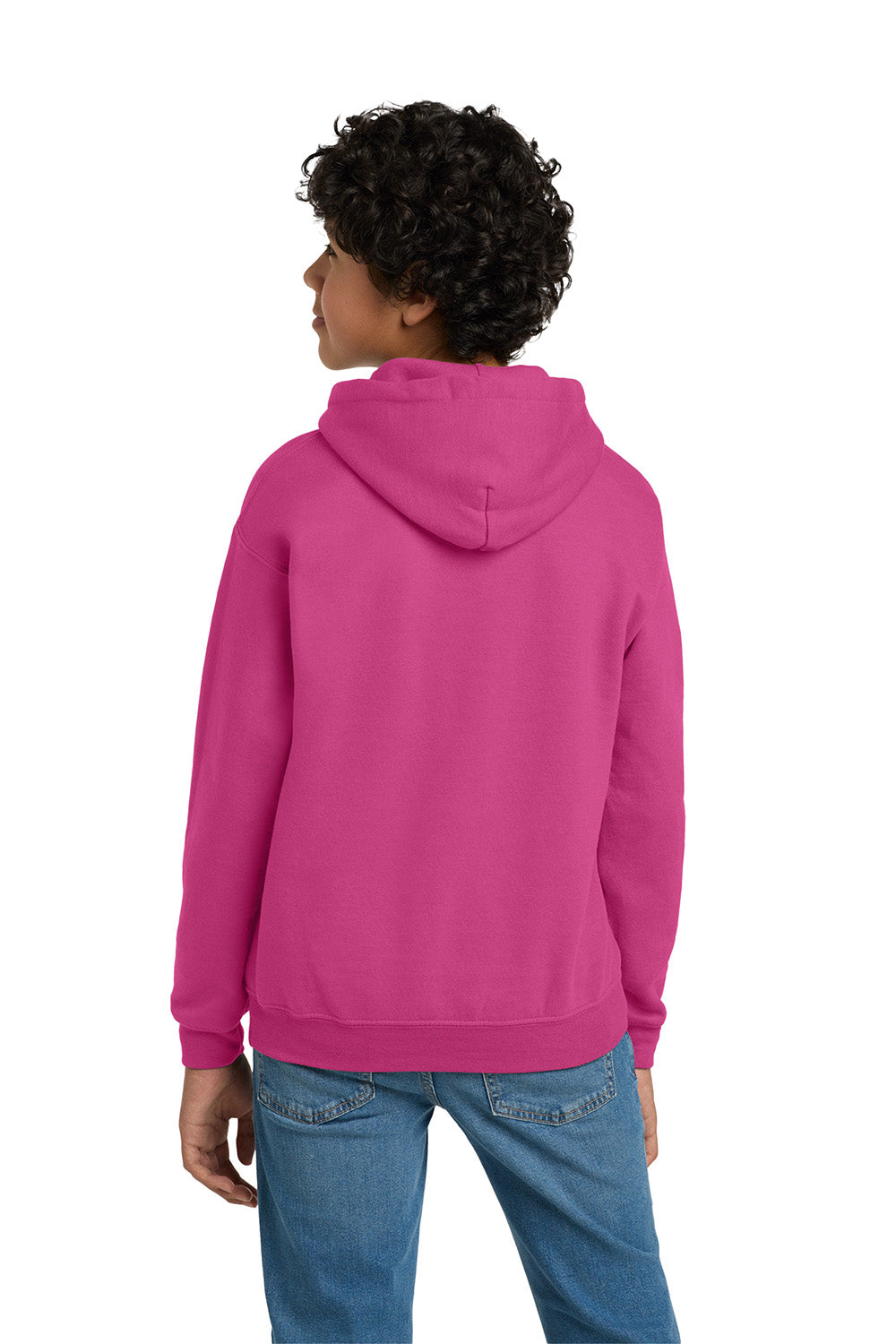 Gildan 18500B/G185B Youth Pill Resistant Hooded Sweatshirt Hoodie w/ Pouch Pocket Heliconia Pink Model Back