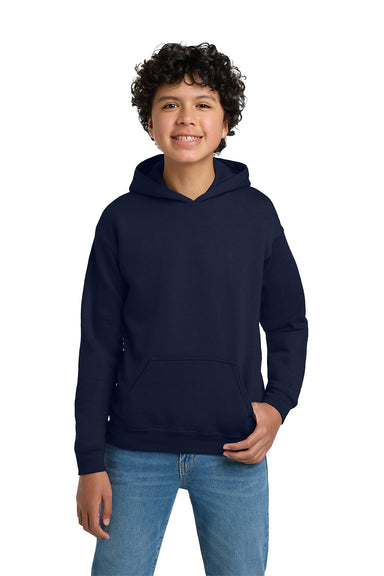 Gildan 18500B/G185B Youth Pill Resistant Hooded Sweatshirt Hoodie w/ Pouch Pocket Navy Blue Model Front