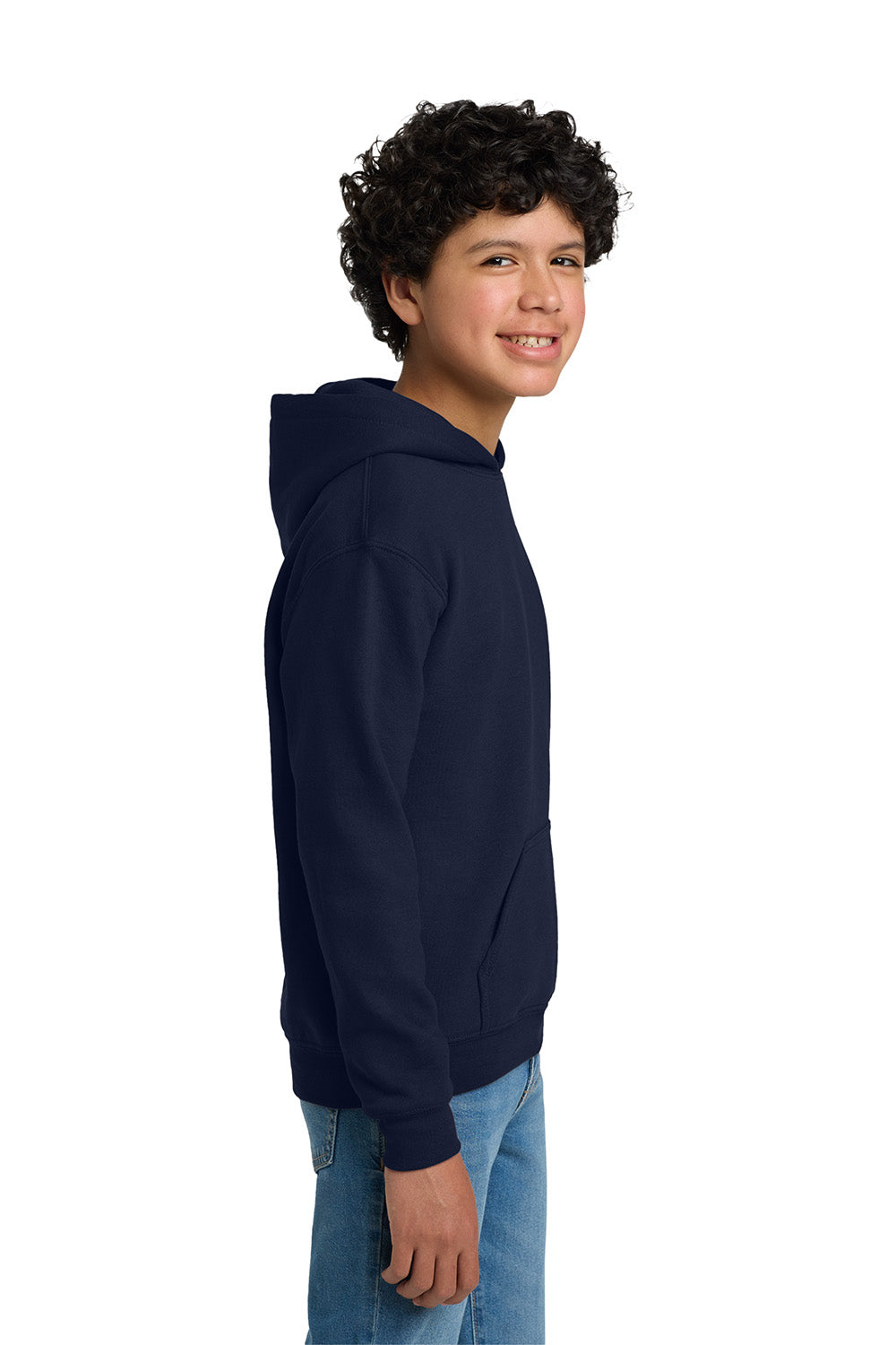 Gildan 18500B/G185B Youth Pill Resistant Hooded Sweatshirt Hoodie w/ Pouch Pocket Navy Blue Model Side