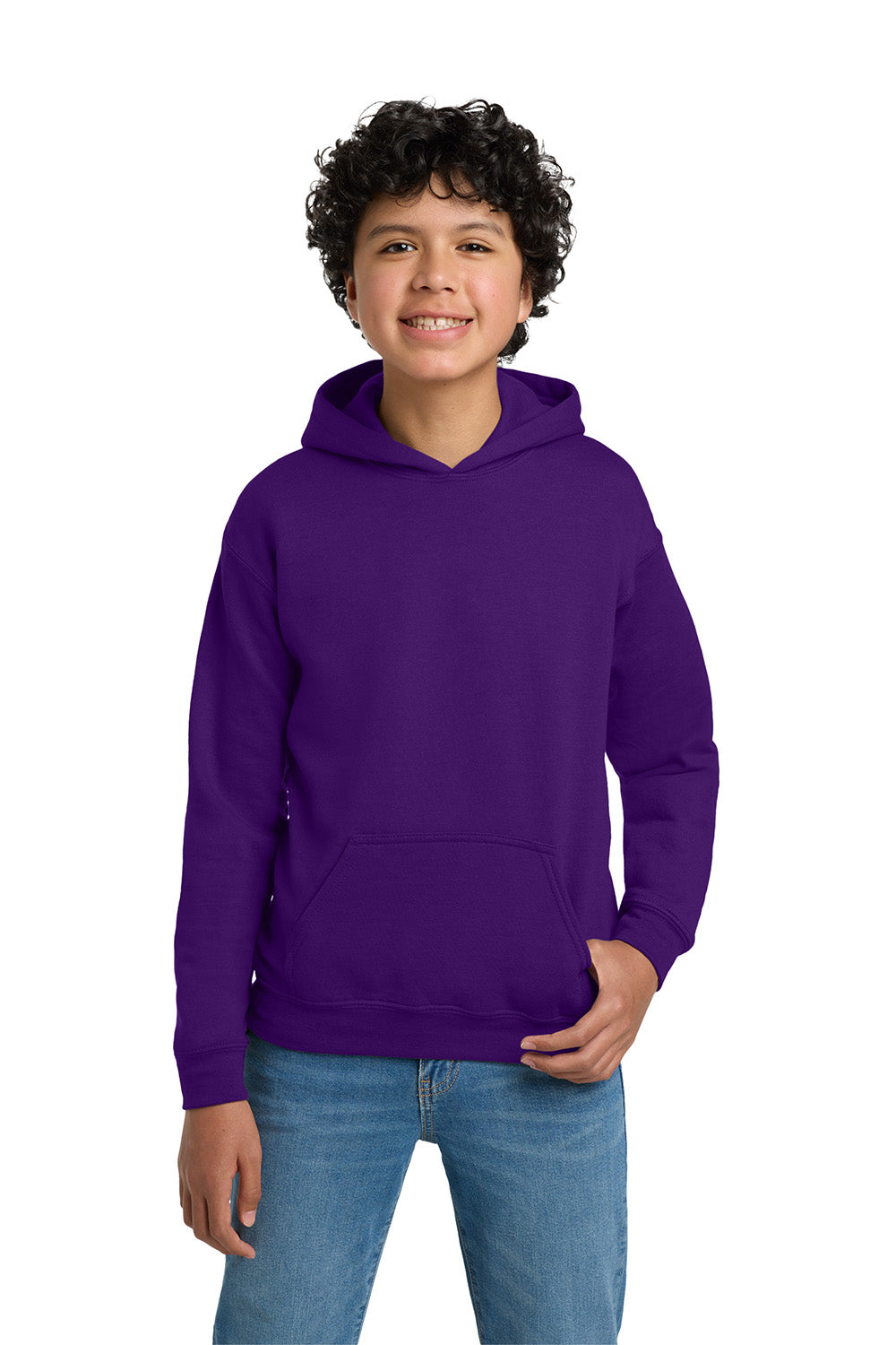 Gildan 18500B/G185B Youth Pill Resistant Hooded Sweatshirt Hoodie w/ Pouch Pocket Purple Model Front