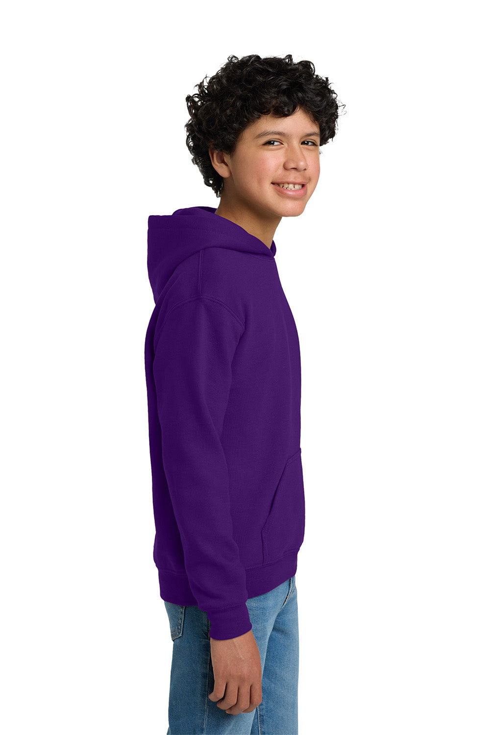 Gildan 18500B/G185B Youth Pill Resistant Hooded Sweatshirt Hoodie w/ Pouch Pocket Purple Model Side