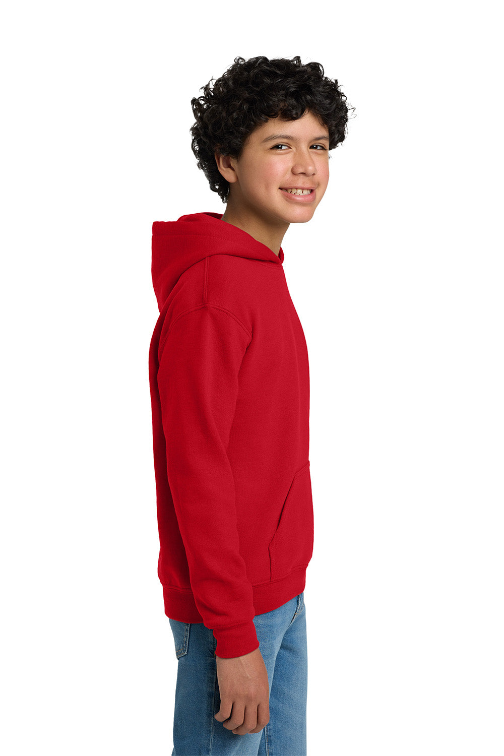 Gildan 18500B/G185B Youth Pill Resistant Hooded Sweatshirt Hoodie w/ Pouch Pocket Red Model Side