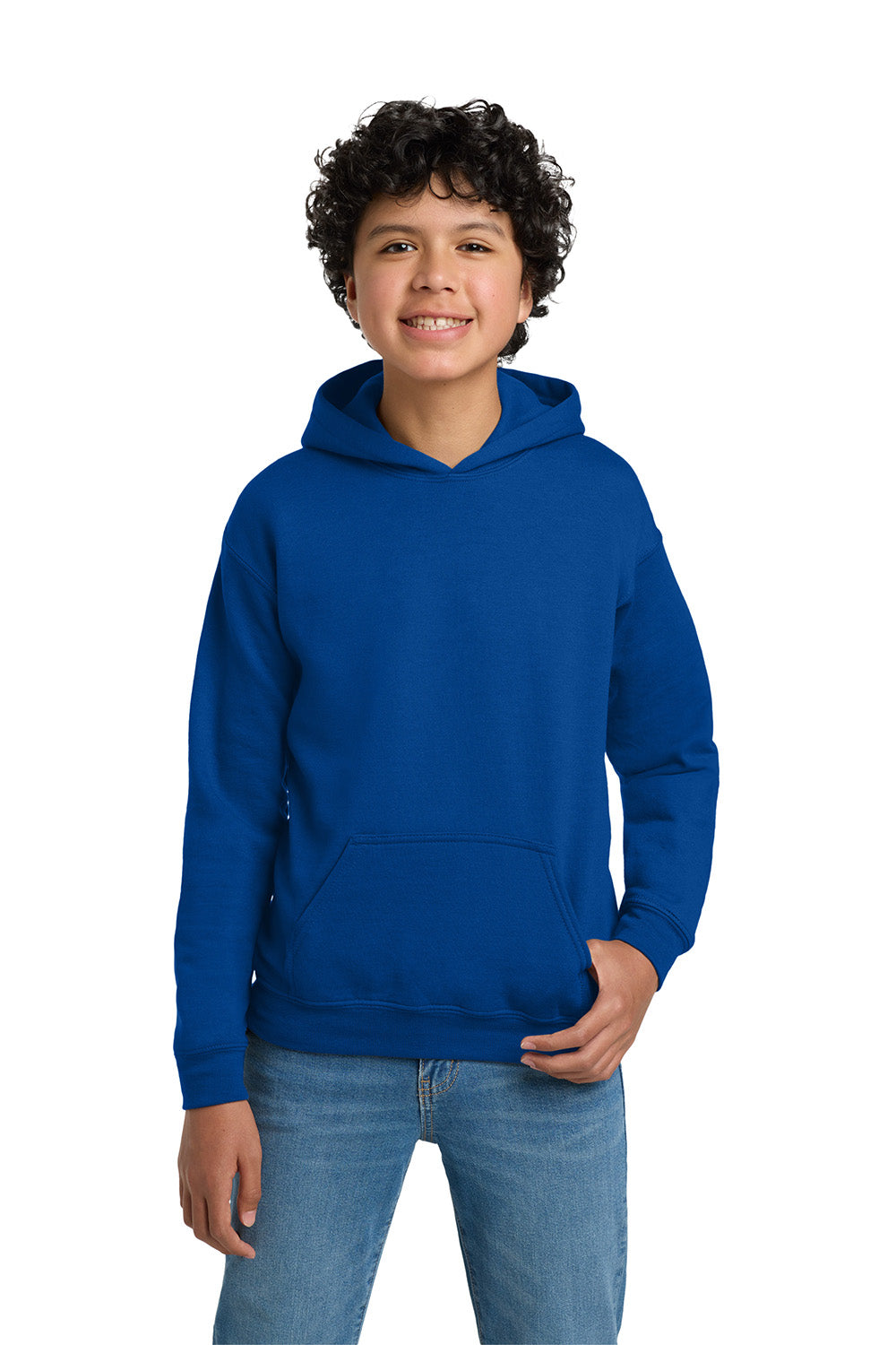 Gildan 18500B/G185B Youth Pill Resistant Hooded Sweatshirt Hoodie w/ Pouch Pocket Royal Blue Model Front