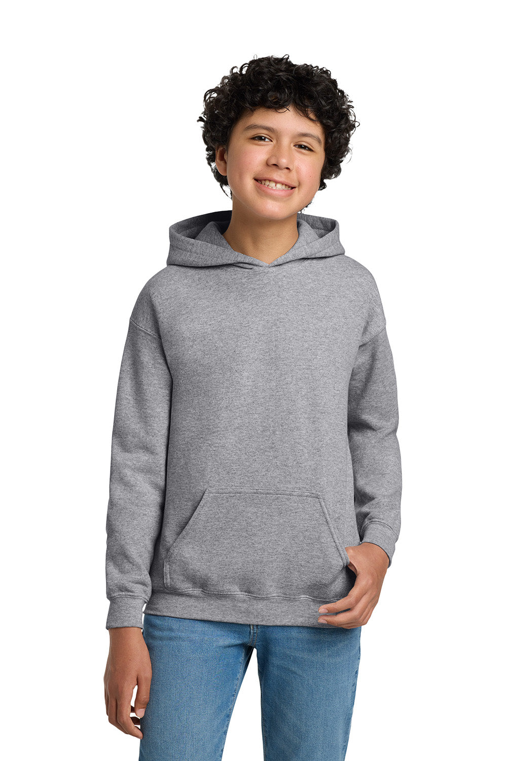 Gildan 18500B/G185B Youth Pill Resistant Hooded Sweatshirt Hoodie w/ Pouch Pocket Sport Grey Model Front