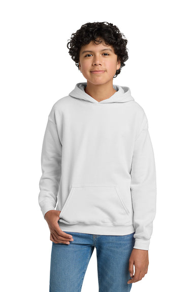 Gildan 18500B/G185B Youth Pill Resistant Hooded Sweatshirt Hoodie w/ Pouch Pocket White Model Front