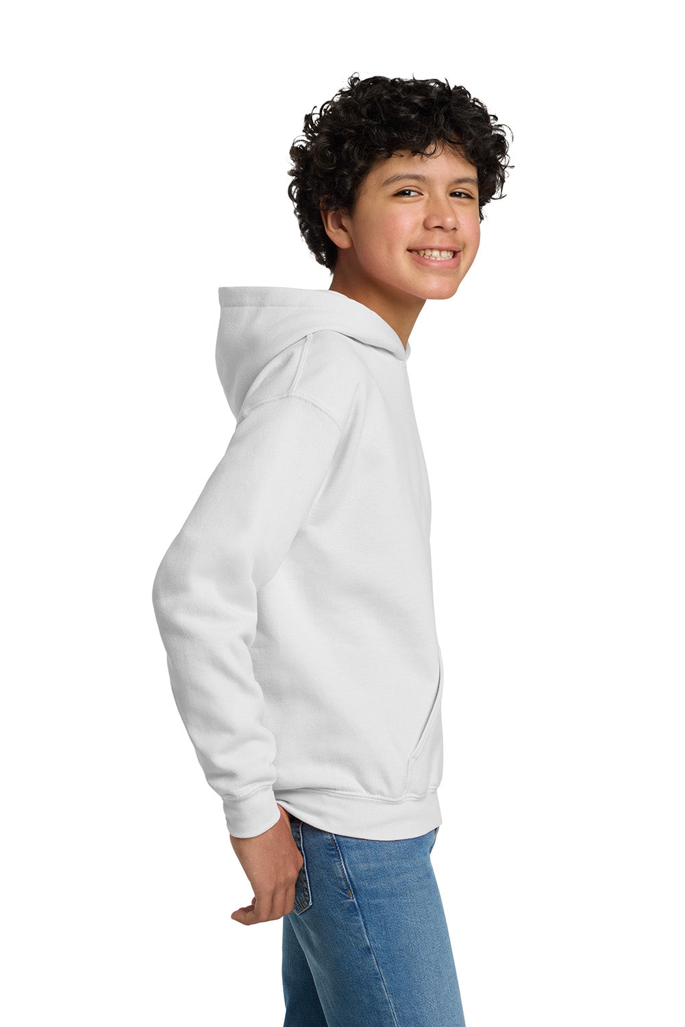 Gildan 18500B/G185B Youth Pill Resistant Hooded Sweatshirt Hoodie w/ Pouch Pocket White Model Side