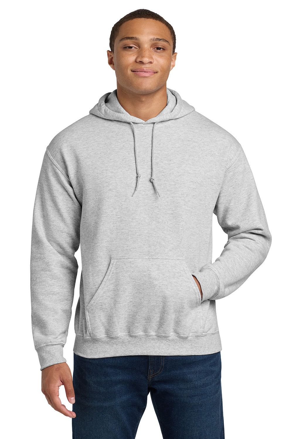 Gildan 18500/G185 Mens Pill Resistant Hooded Sweatshirt Hoodie w/ Pouch Pocket Ash Grey Model Front