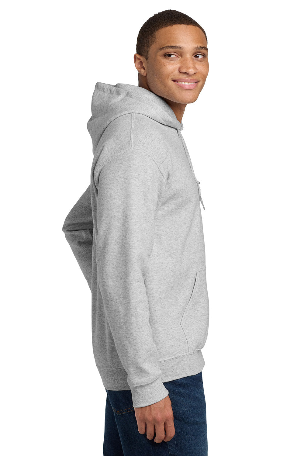 Gildan 18500/G185 Mens Pill Resistant Hooded Sweatshirt Hoodie w/ Pouch Pocket Ash Grey Model Side