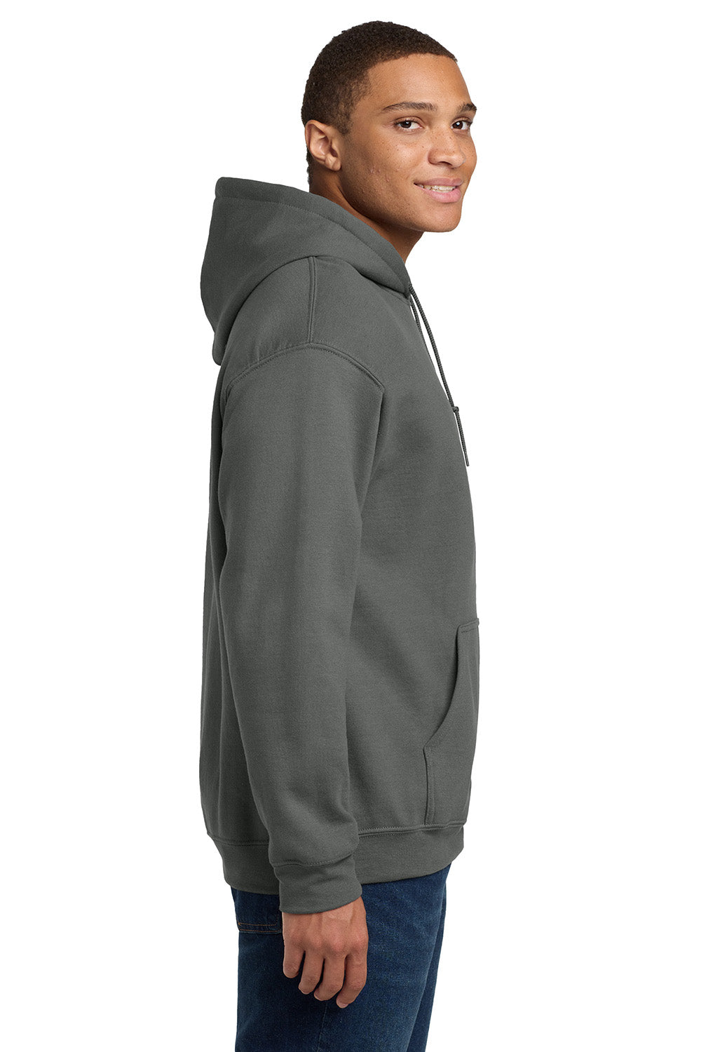 Gildan 18500/G185 Mens Pill Resistant Hooded Sweatshirt Hoodie w/ Pouch Pocket Charcoal Grey Model Side