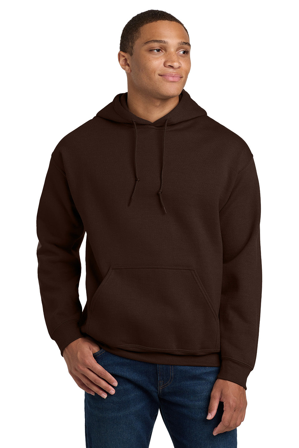 Gildan 18500/G185 Mens Pill Resistant Hooded Sweatshirt Hoodie w/ Pouch Pocket Dark Chocolate Brown Model Front